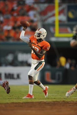 University of Miami Hurricanes quarterback Jacory Harris #12 throws a pass in a game against the Florida A&amp;M Rattlers at Sun Life Stadium on...