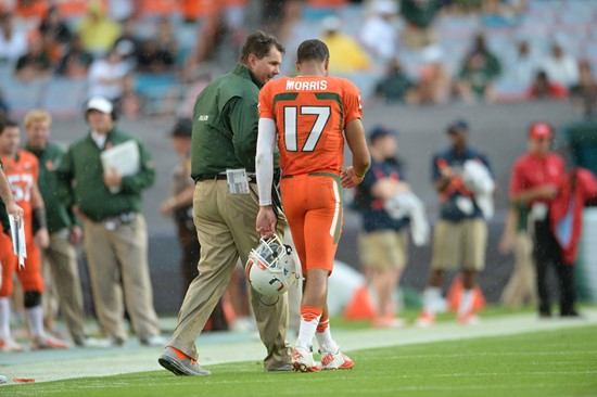 University of Miami Hurricanes quarterback Stephen Morris #17 plays in a game against the Virginia Cavaliers at Sun Life Stadium on November 23, 2013....