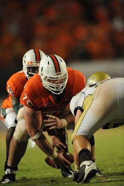University of Miami Hurricanes guard A.J. Trump #70 plays in a game against the Georgia Tech Yellow Jackets at Land Shark Stadium on September 17,...