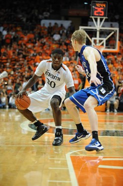 University of Miami Hurricanes forward, Adrian Thomas #30, plays host to the Duke Blue Devils at the BankUnited Center on February 13, 2011. Photo by...
