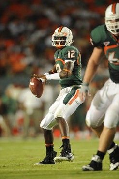 University of Miami Hurricanes quarterback Jacory Harris #12 drops back to pass in a game against the Florida A&M Rattlers at Land Shark Stadium on...