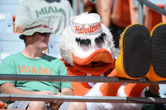 Sebastian the Ibis entertains the University of Miami Hurricane fans before the team arrives for a game against the Cincinnati Bearcats at Sun Life...