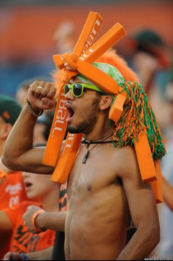A University of Miami Hurricanes fan shows his team spirit in a game against the Bethune Cookman Wildcats at Sun Life Stadium on October 1, 2011. ...