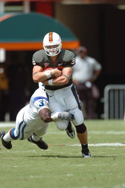 University of Miami quarterback Kirby Freeman #7 in a game against the Duke University Blue Devils at the Orange Bowl on September 29, 2007.  Photo by...