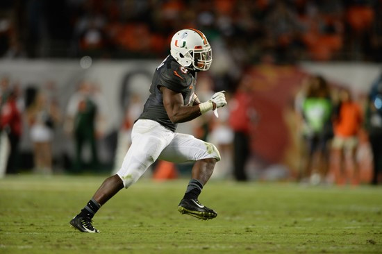 University of Miami Hurricanes running back Duke Johnson #8 plays in a game against The Pittsburgh Panthers at Sun Life Stadium on November 29, 2014. ...