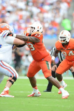 University of Miami Hurricanes defensive lineman Luther Robinson #93 plays in a game against the #12 ranked University of Florida Gators at Sun Life...