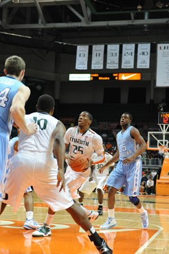 University of Miami Hurricanes guard, Garrius Adams #25 and the Canes play host to the North Carolina Tar Heels at the BankUnited Center on January...