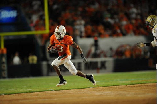 University of Miami Hurricanes wide receiver Travis Benjamin #3 plays in a game against the Georgia Tech Yellow Jackets at Land Shark Stadium on...