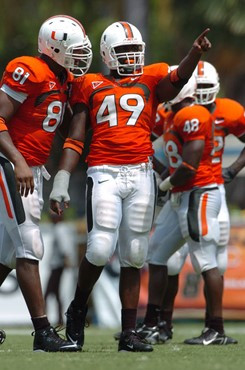 University of Miami defensive end Courtney Harris #49 had 1 solo tackle and 1 assit in a game against Marshall University on September 1, 2007 at the...
