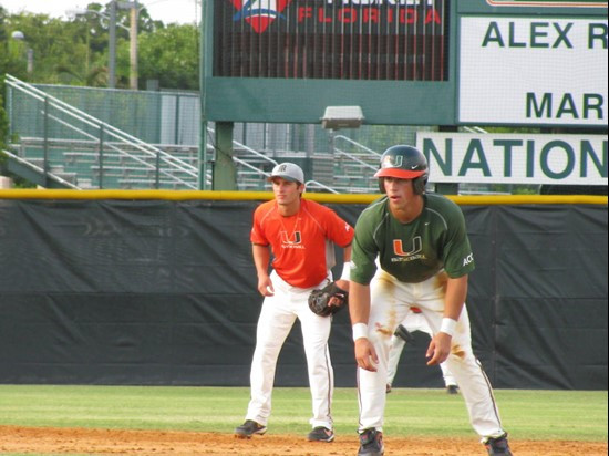 Michael Broad (L) and Nathan Melendres (R) at the Orange-Green World Series Wednesday afternoon at Alex Rodriguez Park.