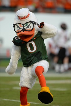 Sebastian the Ibis entertains the University of Miami Hurricane fans during a game against the Arkansas State Red Wolves at Sun Life Stadium on...