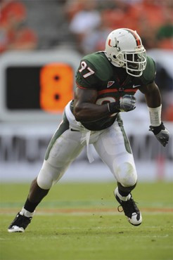 University of Miami Hurricanes defensive lineman Adewale Ojomo #97 had 4 solo tackles and 2 assist in a game against the Deamon Deacons of Wake Forest...