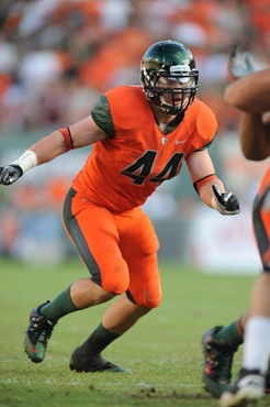 University of Miami Hurricanes linebacker Colin McCarthy #44 plays in a game against the Virginia Tech Hokies at Sun Life Stadium on November 20,...