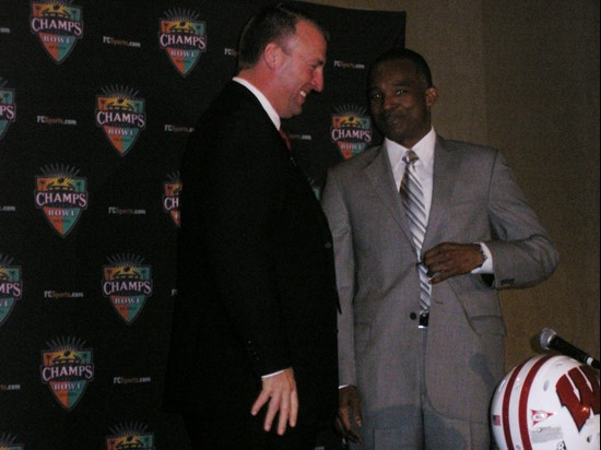 Randy Shannon and Wisconsin head coach Bret Bielema at Monday's Champs Sports Bowl Press Conference at the Marriott World Center Resort.