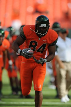 University of Miami Hurricanes tight end Richard Gordon #84 warming up in a game against the Virginia Tech Hokies at Sun Life Stadium on November 20,...