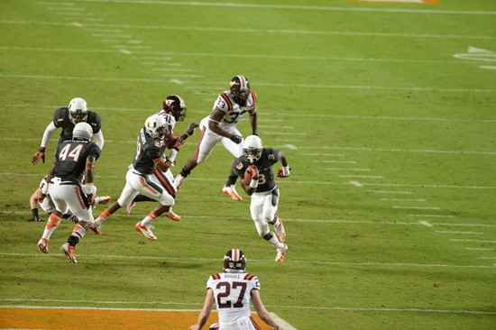 University of Miami Hurricanes wide receiver Stacy Coley #3 plays in a game against the Virginia Tech Hokies at Sun Life Stadium on November 9, 2013. ...