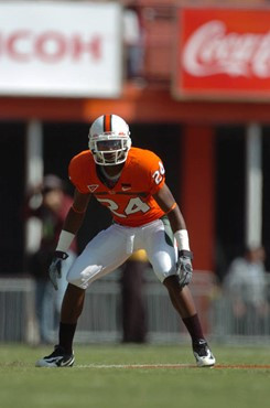 University of Miami defensive back Chavez Grant #24 drops into coverage in a game against the North Carolina State Wolfpack at the Orange Bowl on...