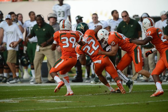 University of Miami Hurricanes defensive back Kacy Rodgers #22 plays in a game against the University of South Florida Bulls at Sun Life Stadium on...