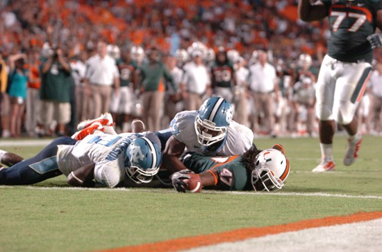 University of Miami Hurricanes wide receiver Laron Byrd #47 plays in a game against the North Carolina Tar Heels at Sun Life Stadium on October 23,...