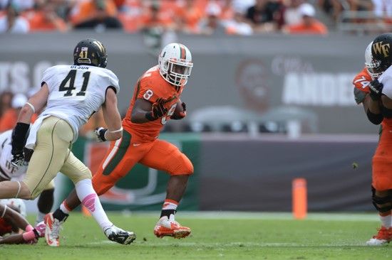 University of Miami Hurricanes running back Duke Johnson #8 plays in a game against the Wake Forest Demon Deacons at Sun Life Stadium on October 26,...