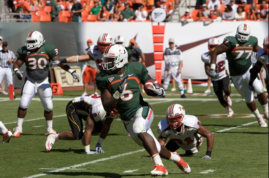 University of Miami Hurricanes running back Lamar Miller #6 carries the ball against the Maryland Terrapins at Sun Life Stadium on November 6, 2010. ...