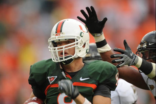 University of Miami Hurricanes quarterback Robert Marve #9 rushed for 43 yards to set up a first and goal from the three yard line leading to a Canes...