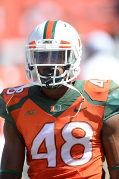 University of Miami Hurricanes defensive back Hugo Delapenha Jr. #48 plays in a game against the Cincinnati Bearcats at Sun Life Stadium on October...