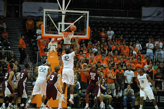 University of Miami Hurricanes center Reggie Johnson #42 plays in a game against the North Carolina Central Eagles at the BankUnited Center on...