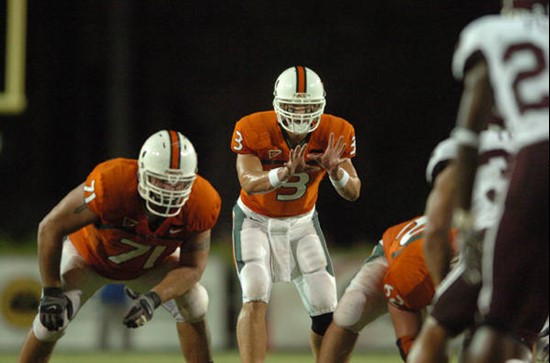 University of Miami quarterback Kyle Wright #3 gets set to take a snap in a game against the Texas A&M Aggies at the Orange Bowl on September 20,...