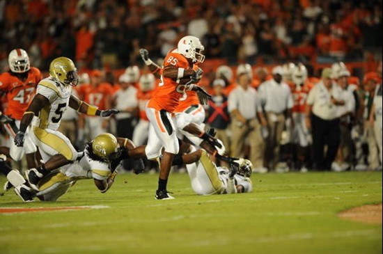 University of Miami Hurricanes wide receiver Leonard Hankerson #85 breaks tackles against the Georgia Tech Yellow Jackets at Land Shark Stadium on...