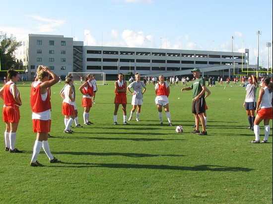 Women's soccer players and coaches at Friday's (Aug. 6, 2010) 8 a.m. training session.