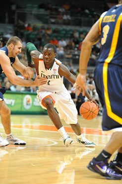University of Miami Hurricanes guard,, Durand Scott, #1, plays host to 2010 NCAA Final Four participant West Virginia at the BankUnited Center on...
