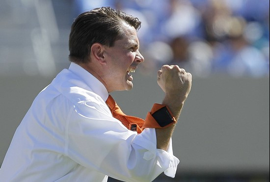 Miami coach Al Golden reacts during the first half against North Carolin. (AP Photo/Gerry Broome)