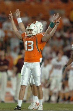 University of Miami kicker Jon Peattie #13 celebrates after kicking a 55 yard field goal in the third quarter against the Virginia Tech Hokies at the...