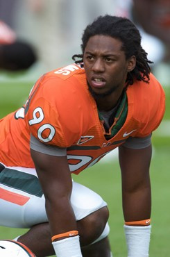 University of Miami Hurricanes defensive lineman Ricardo Williams #90 stretches before a game against the Duke Blue Devils at Sun Life Stadium on...