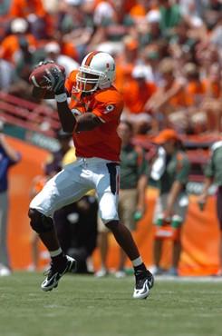 University of Miami wide receiver Lance Leggett catches a pass against Marshall University at the Orange Bowl on September 1, 2007. Leggett caught 4...