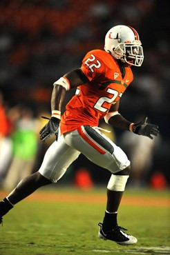 University of Miami Hurricanes defensive back Bruce Johnson #22 had 1 solo tackle and 1 assist in a game against Charleston Southern University in the...
