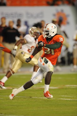 University of Miami Hurricanes linebacker Sean Spence #31 plays in a game against the Florida State Seminoles at Sun Life Stadium on October 9, 2010. ...