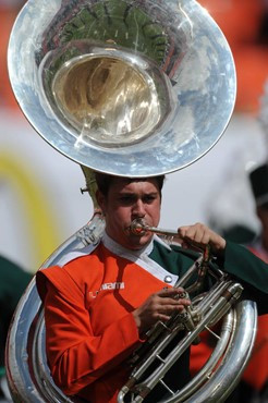 A University of Miami Band of the Hour participant entertains the crowd in a game against the Deamon Deacons of Wake Forest at Dolphin Stadium on...