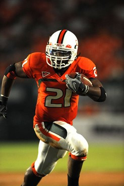 University of Miami Hurricanes running back, Derron Thomas #21, rushed 8 times for 35 yards, caught 1 pass for 19 yards, and scored 1 touchdown in a...