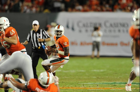 University of Miami Hurricanes quarterback Jacory Harris #12 plays in a game against the Ohio State Buckeyes at Sun Life Stadium on September 17,...