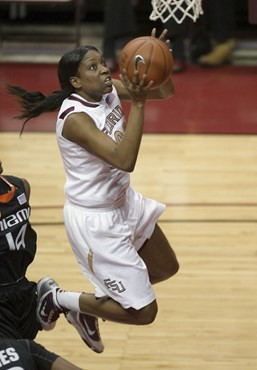 Florida State's Chasity Clayton drives to the basket during the first half of an NCAA college basketball game against Miami, Thursday, Feb. 25, 2010,...