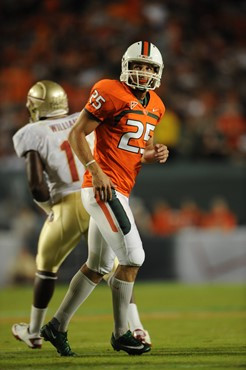 University of Miami Hurricanes kicker/punter Matt Bosher #25 after kicking an extra point in a game against the Florida State Seminoles at Sun Life...