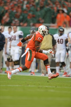 University of Miami Hurricanes linebacker Tyriq McCord #17 plays in a game against the Virginia Cavaliers at Sun Life Stadium on November 23, 2013. ...