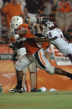 University of Miami running back Javarris James #5 rushes in a game against the Texas A&M Aggies at the Orange Bowl on September 20, 2007. The...
