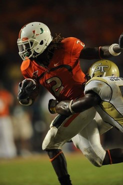 University of Miami Hurricanes running back Graig Cooper #2 carries the ball in a game against the Georgia Tech Yellow Jackets at Land Shark Stadium...
