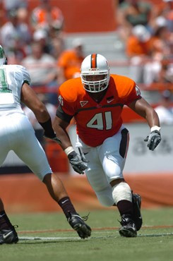 Unviersity of Miami fullback Jerrell Mabry #41 blocks during a game against Marshall University at the Orange Bowl on September 1, 2007. The...