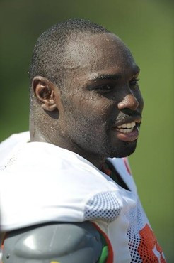 University of Miami Hurricanes defensive lineman Adewale Ojomo #97 at Greentree Practice Field on August 13 in afternoon drills to prepare for the...