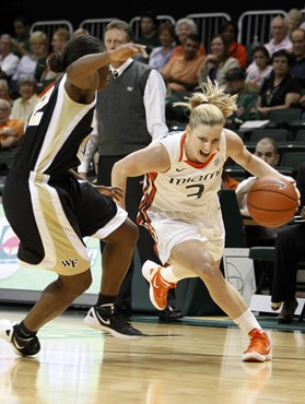 Miami's Stefanie Yderstrom drives to the basket past Wake Forest's Lakevia Boykin.  (AP Photo/Lynne Sladky)