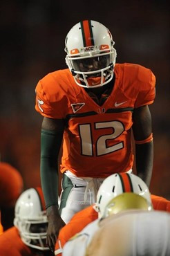 University of Miami Hurricanes quarterback Jacory Harris #12 plays in a game against the Georgia Tech Yellow Jackets at Land Shark Stadium on...